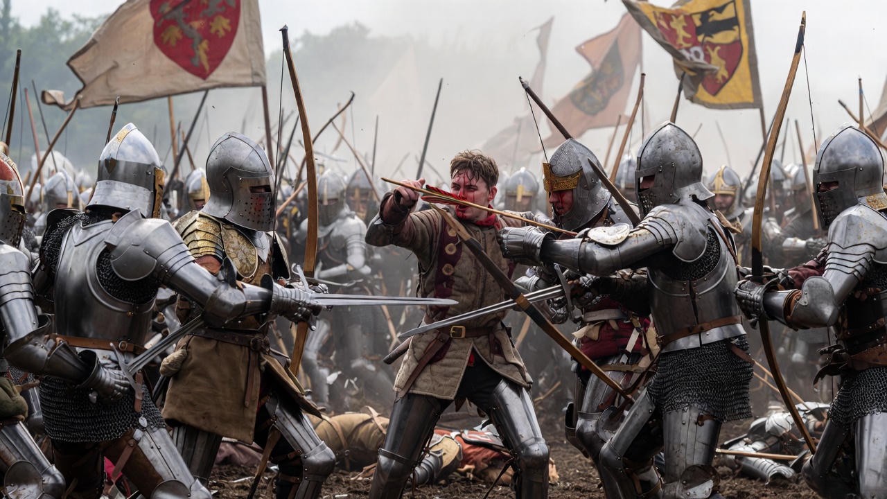 Historical reconstruction of Prince Henry wounded by arrow at the Battle of Shrewsbury 1403