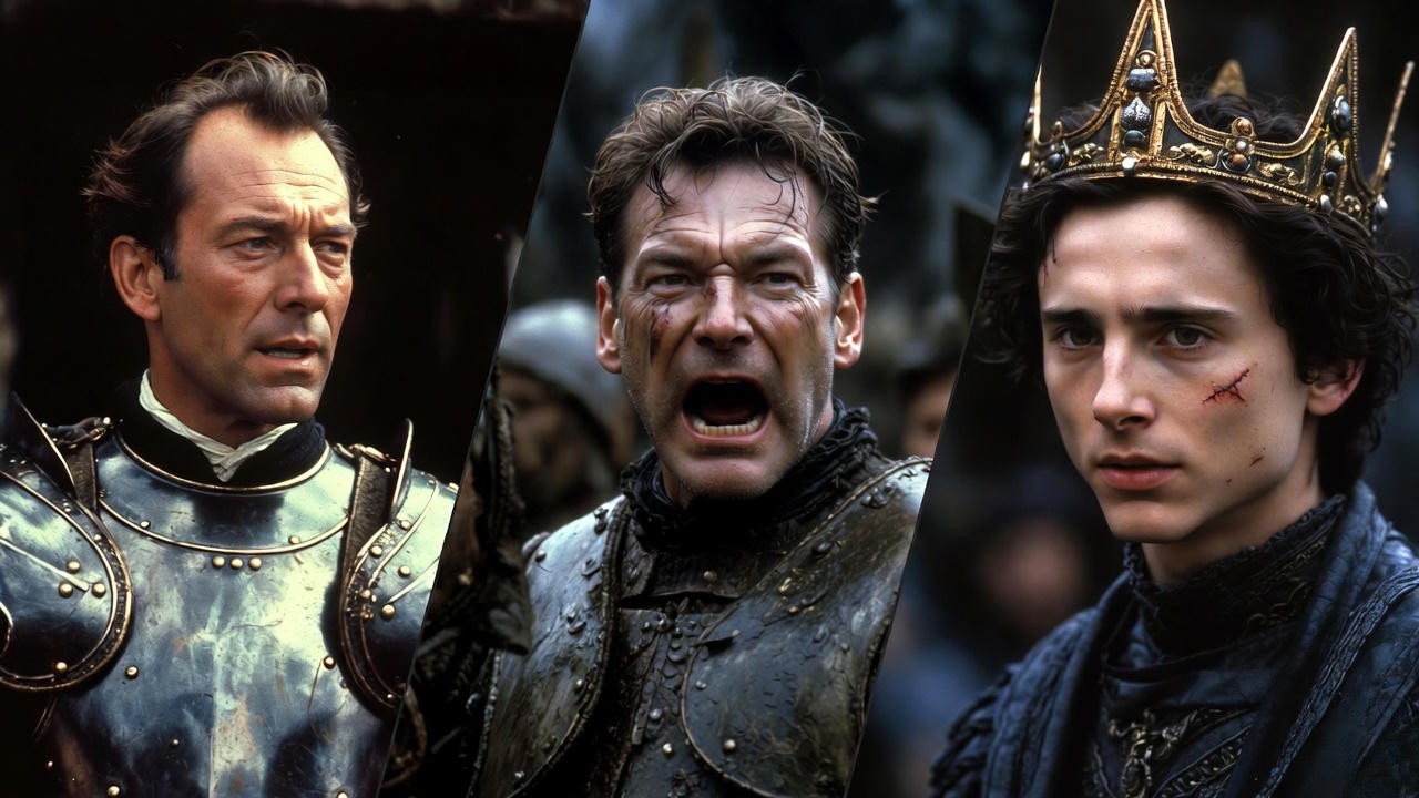 Comparison of Henry V film depictions: Laurence Olivier, Kenneth Branagh, and Timothée Chalamet