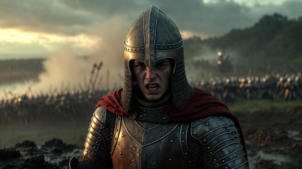 King Henry V rallying troops with "once more unto the breach" speech on the battlefield