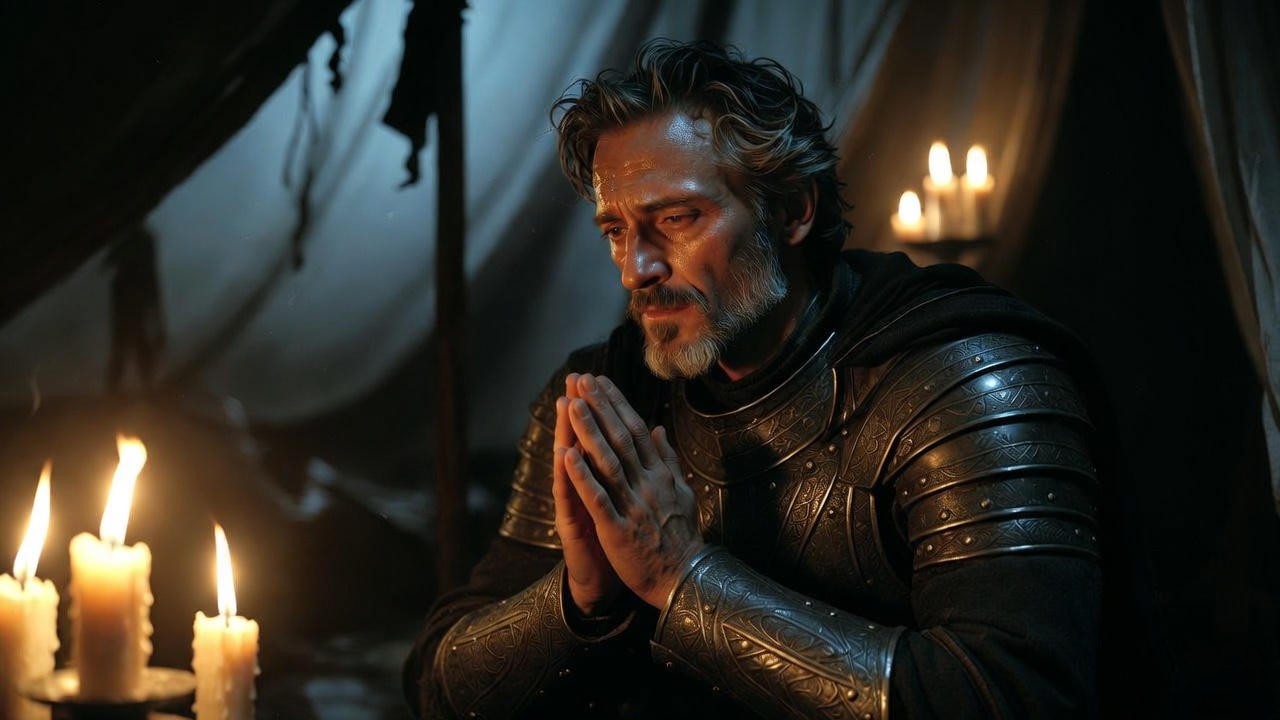 King Henry V in private prayer the night before Agincourt, showing the burden of kingship