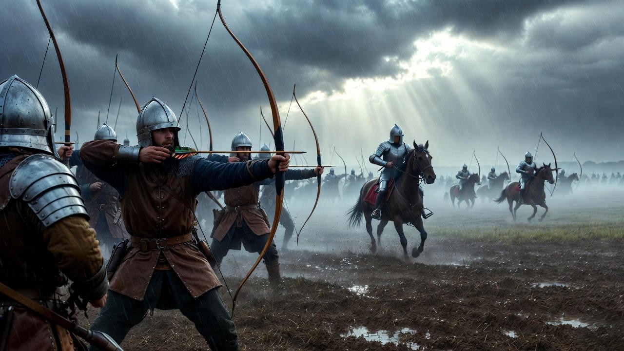 Epic Battle of Agincourt scene with English longbowmen and knights charging in the rain