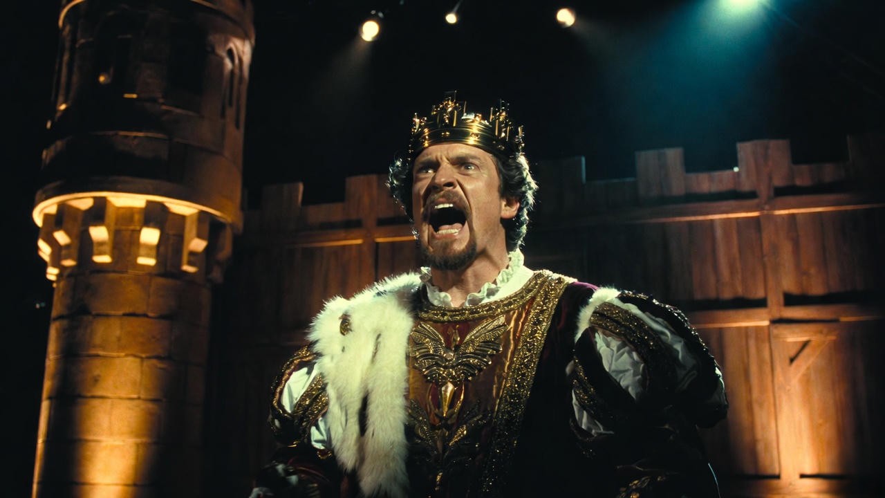 Shakespearean actor performing Henry V's powerful speech on stage in historical costume