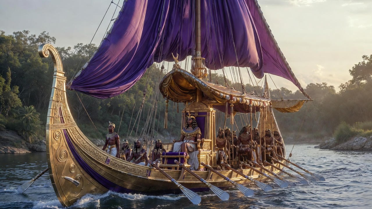 Cleopatra's golden barge on the Cydnus river as described in Shakespeare's Antony and Cleopatra