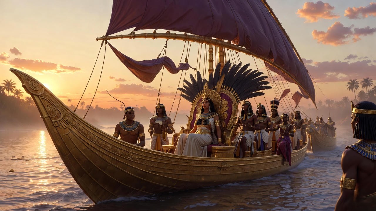 Cleopatra on her golden barge in Shakespeare's Antony and Cleopatra, Enobarbus description scene