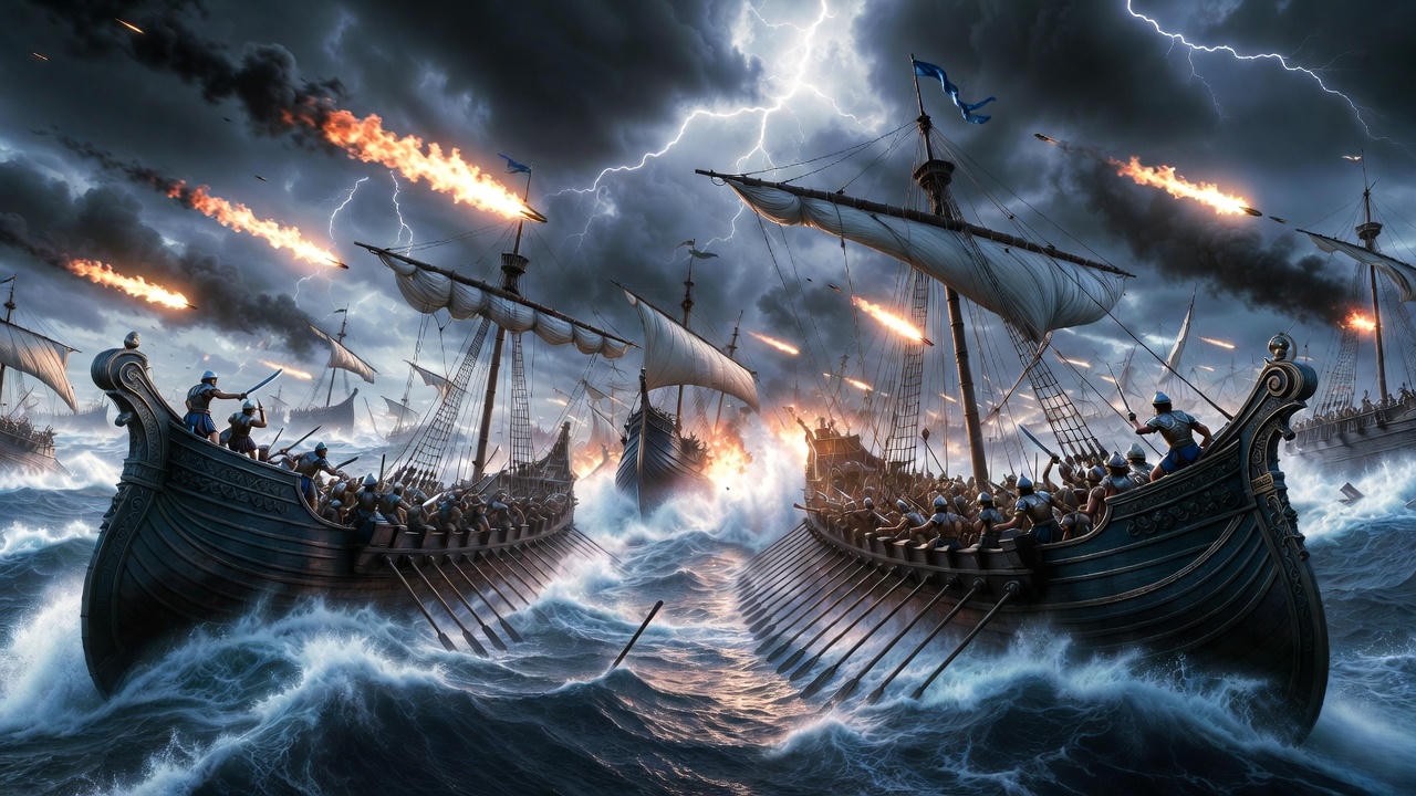 Battle of Actium in Antony and Cleopatra, naval defeat of Mark Antony and Cleopatra's forces