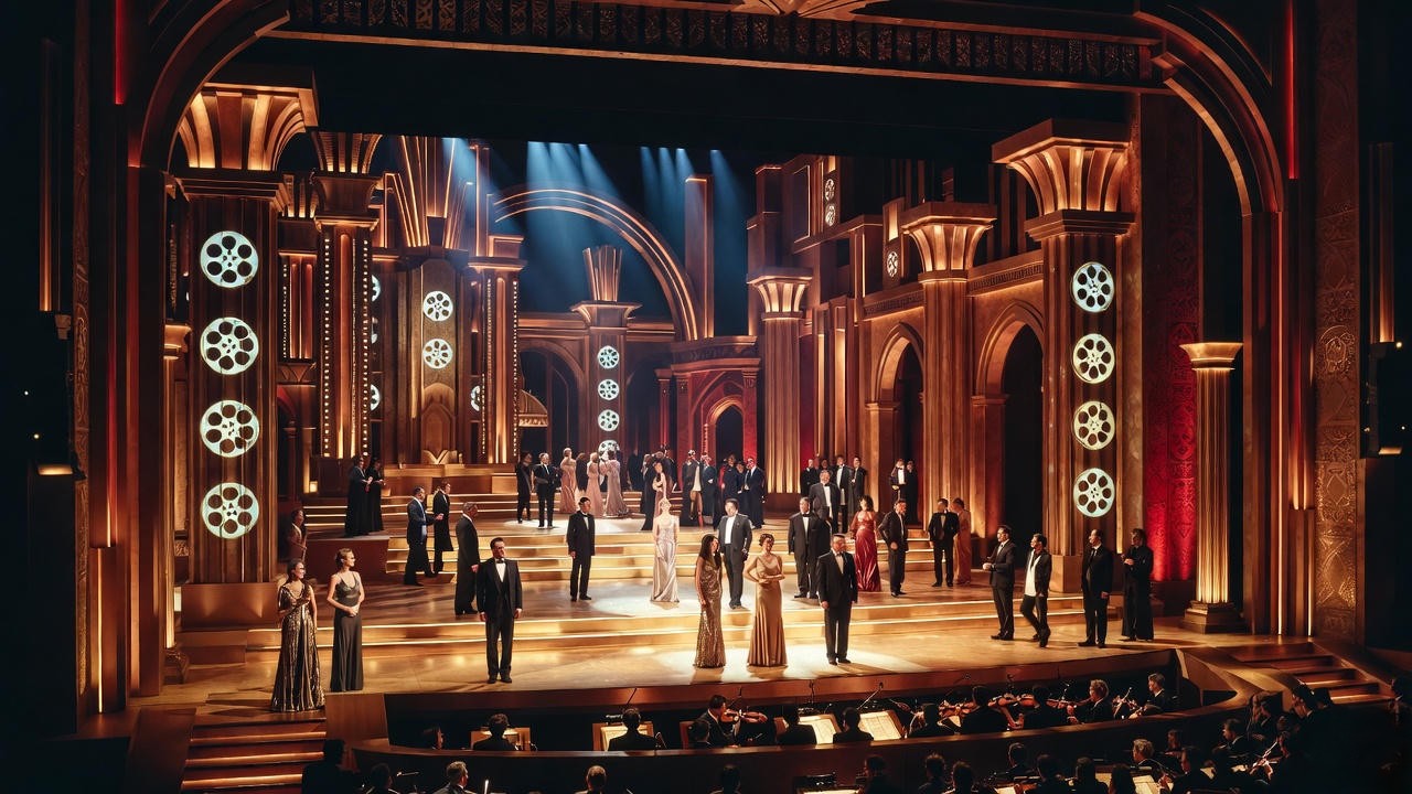 Metropolitan Opera 2025 production stage of John Adams's Antony and Cleopatra with 1930s Hollywood glamour and Art Deco design.