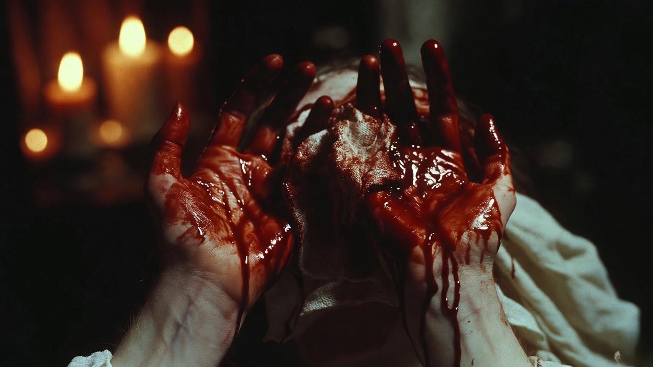 Blood-stained hands symbolizing guilt and violence in Shakespeare's plays, inspired by Lady Macbeth