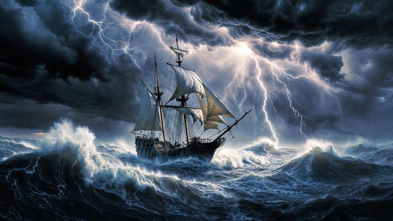 Storm-tossed ship symbolizing chaos and inner turmoil in Shakespeare's The Tempest and King Lear