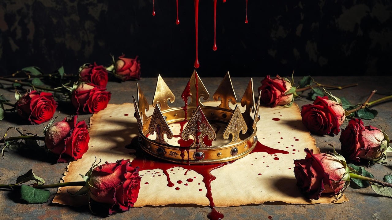 Blood-stained crown and wilted roses representing ambition and guilt in Shakespeare's tragedies like Macbeth