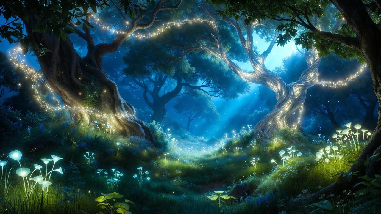 Moonlit enchanted forest symbolizing love and magic in Shakespeare's A Midsummer Night's Dream