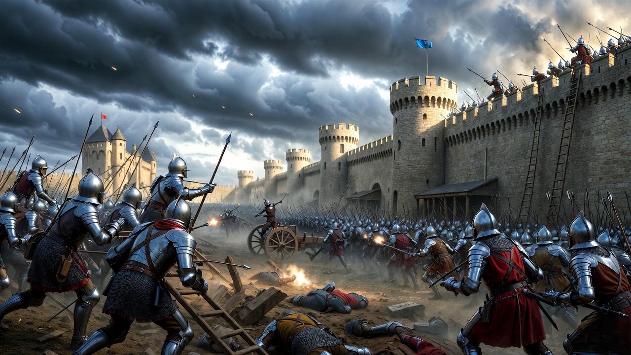 Medieval English army assaulting the walls during the Siege of Harfleur, inspiring King Henry V's "Once more unto the breach" speech