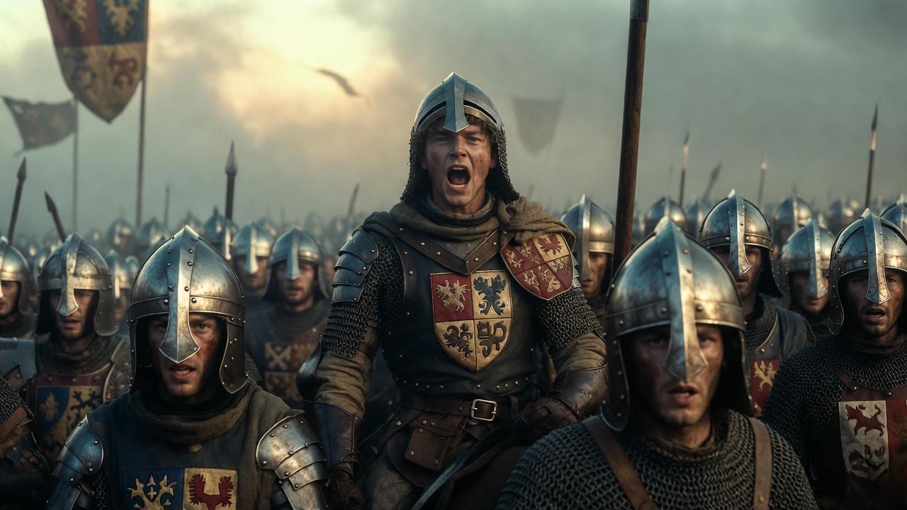 King Henry V delivering the iconic St. Crispin's Day speech to rally his outnumbered troops before the Battle of Agincourt