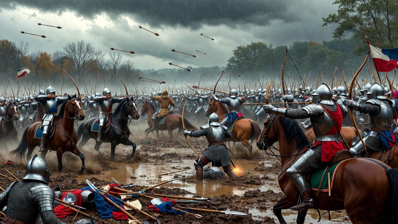 Chaotic scene from the Battle of Agincourt showing English victory against overwhelming odds in the mud