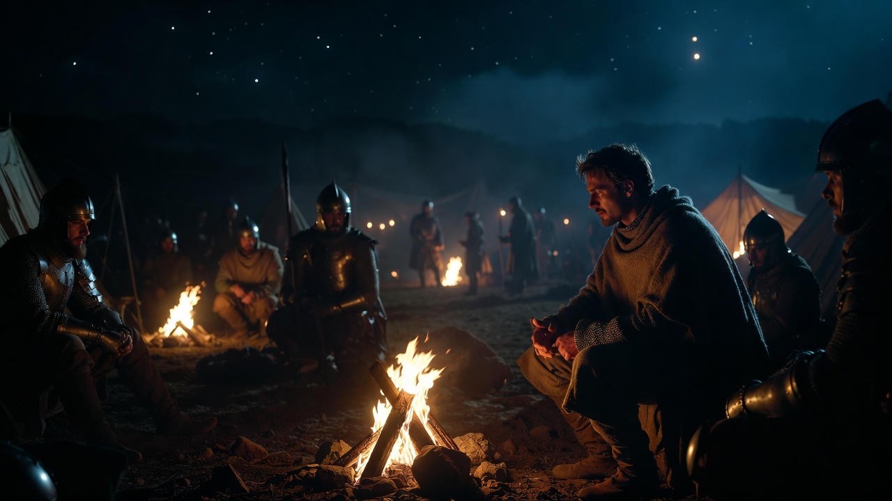 King Henry V disguised among his soldiers by campfire on the eve of Agincourt, showing empathetic leadership