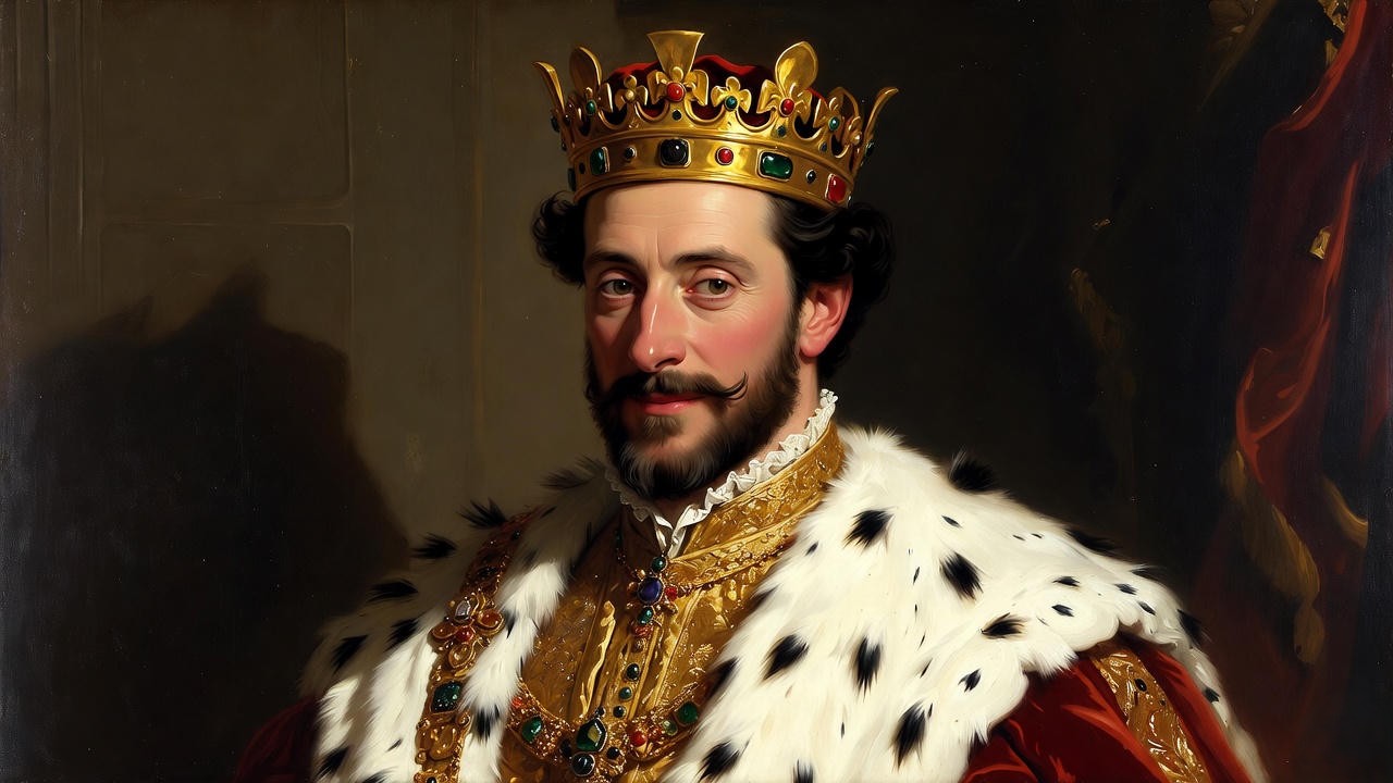 Traditional historical portrait of King Henry V wearing crown and royal robes, symbolizing Shakespeare's heroic leader