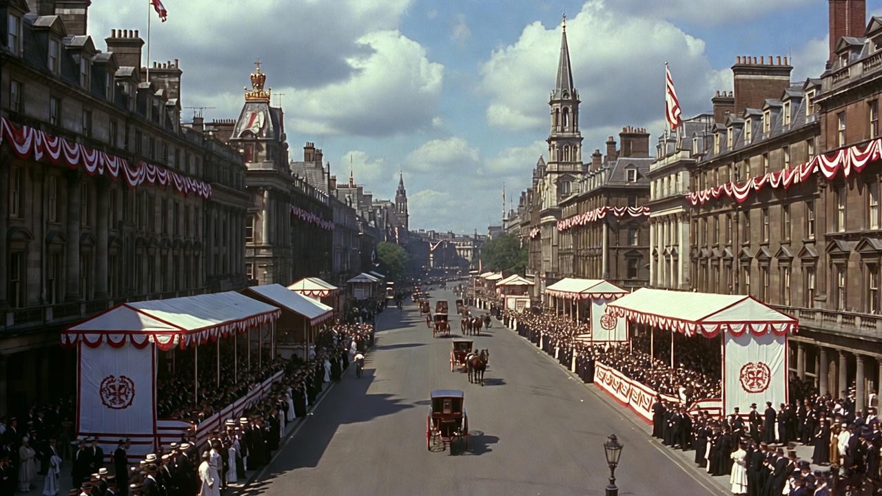 Historical London streets decorated for Edward VII coronation 1902 with bunting and crowds, illustrating the context of Krell v Henry coronation case.