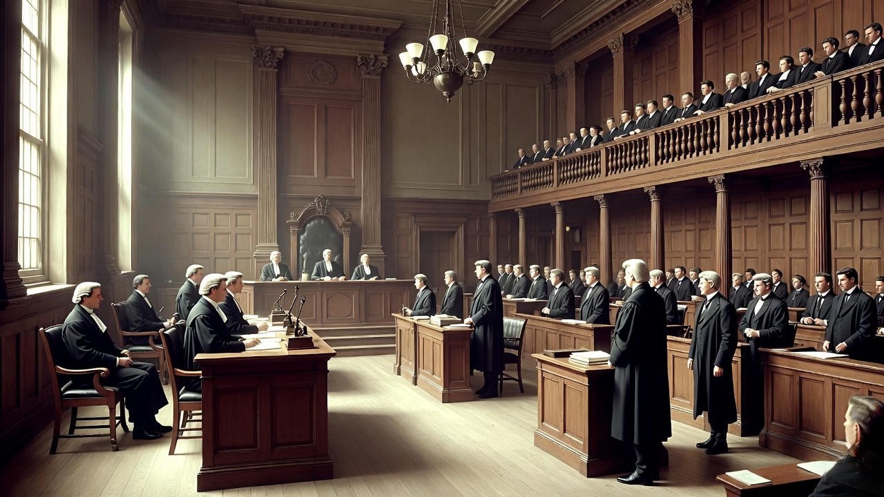 Vintage early 1900s English courtroom interior scene illustrating the judicial setting of Krell v Henry and doctrine of frustration.