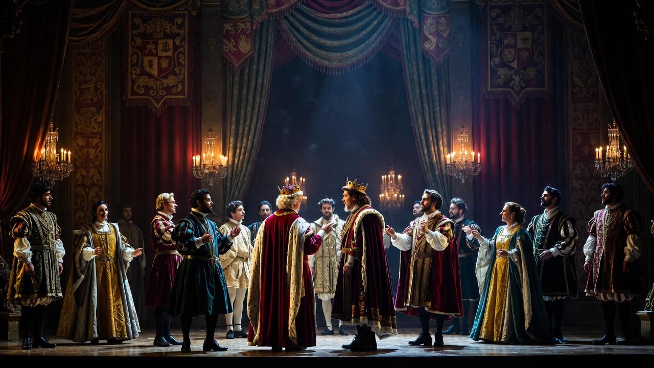Dramatic stage performance of disrupted royal coronation from Shakespeare's history plays like Henry IV or Henry VIII, paralleling themes in Krell v Henry.