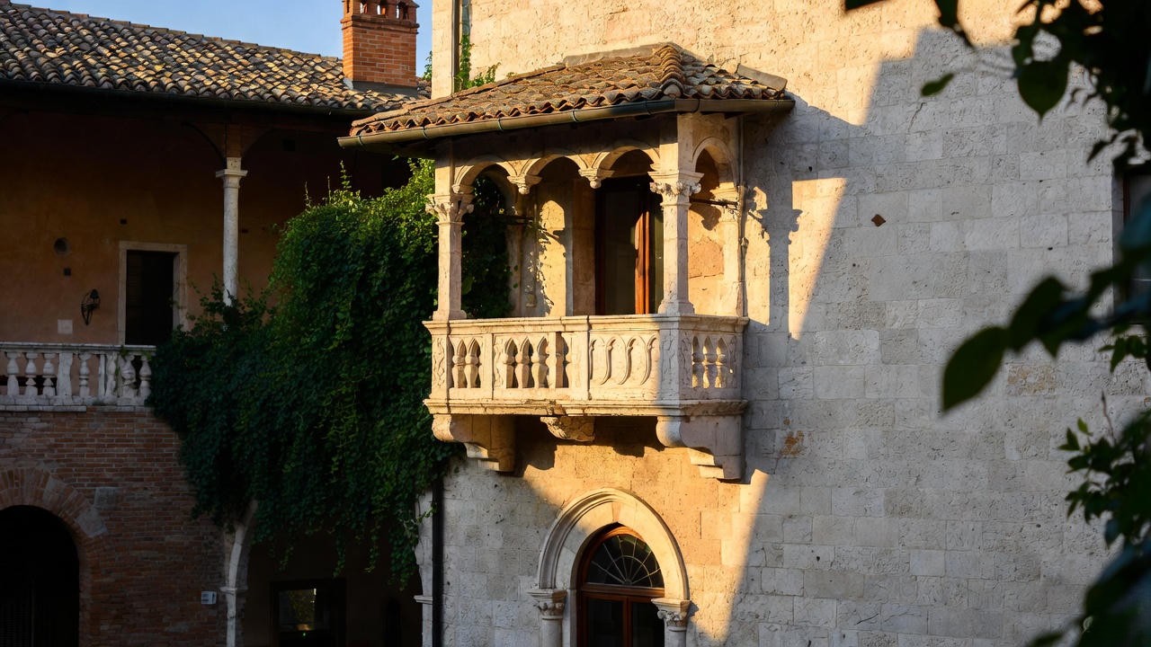 Juliet's balcony on ivy-clad medieval wall in Verona, symbolizing the secret romance in Shakespeare's Romeo and Juliet