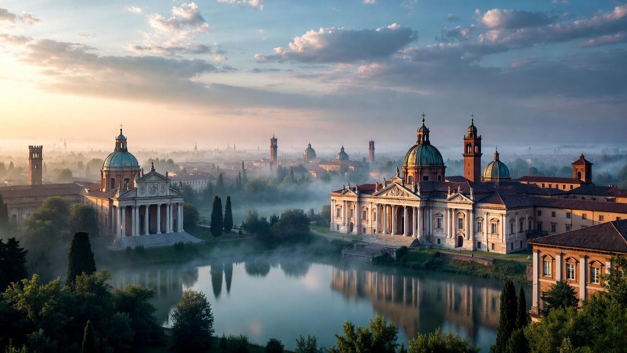 Serene Renaissance Mantua Italy with palaces and lakes, representing Romeo's place of exile in Shakespeare's Romeo and Juliet