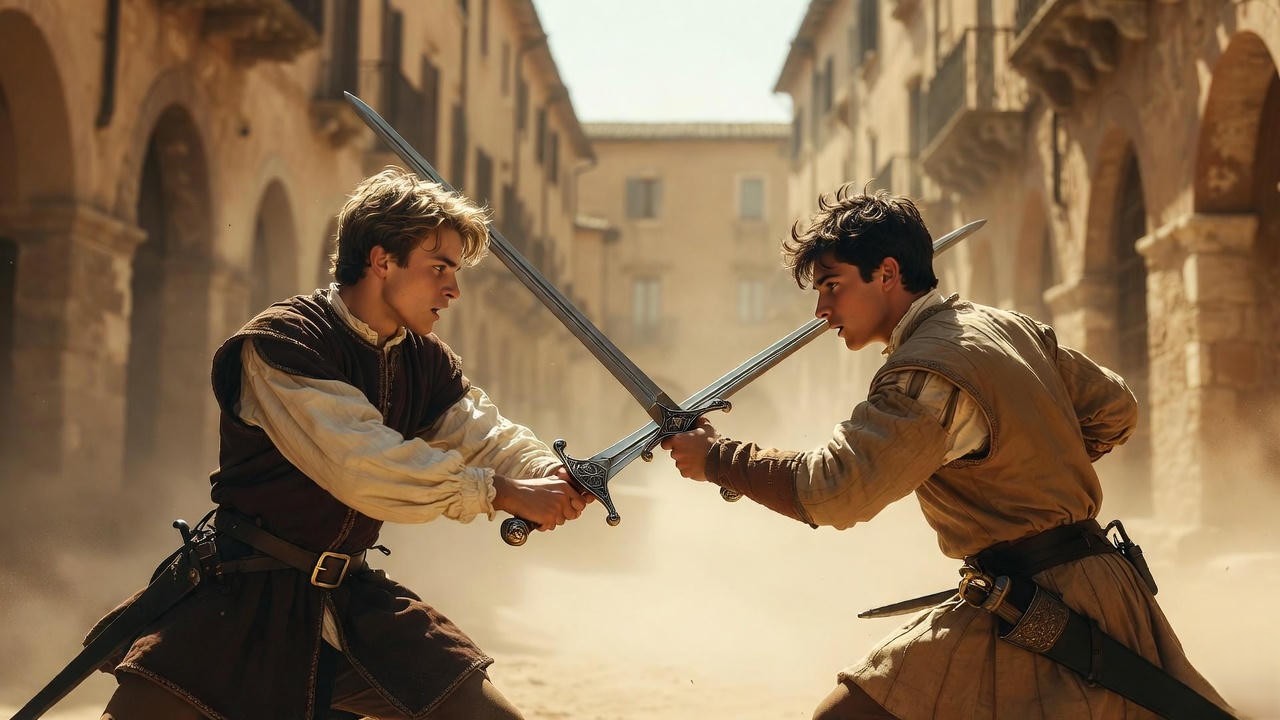 Renaissance street duel in hot Italian summer, illustrating the passionate hate and violence amplified by Verona's setting in Romeo and Juliet