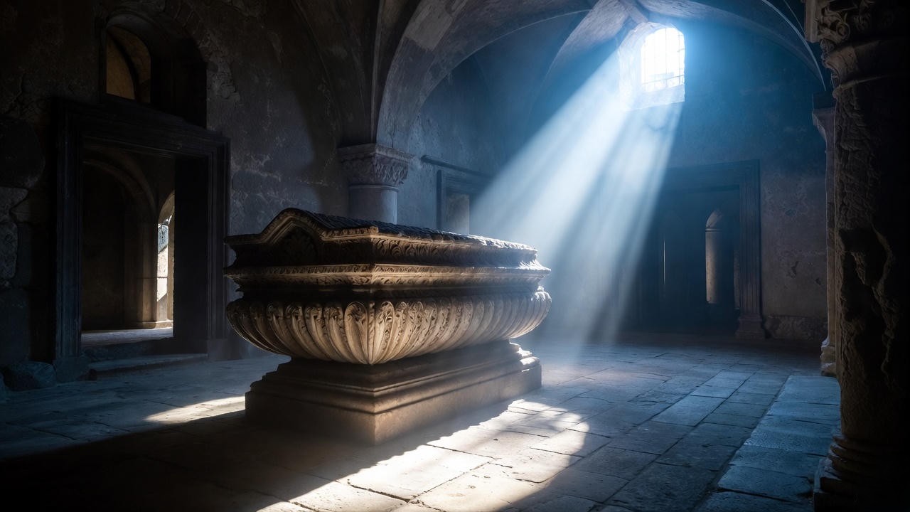 Stone tomb in dimly lit Renaissance Verona crypt, evoking the tragic final scene in Shakespeare's Romeo and Juliet