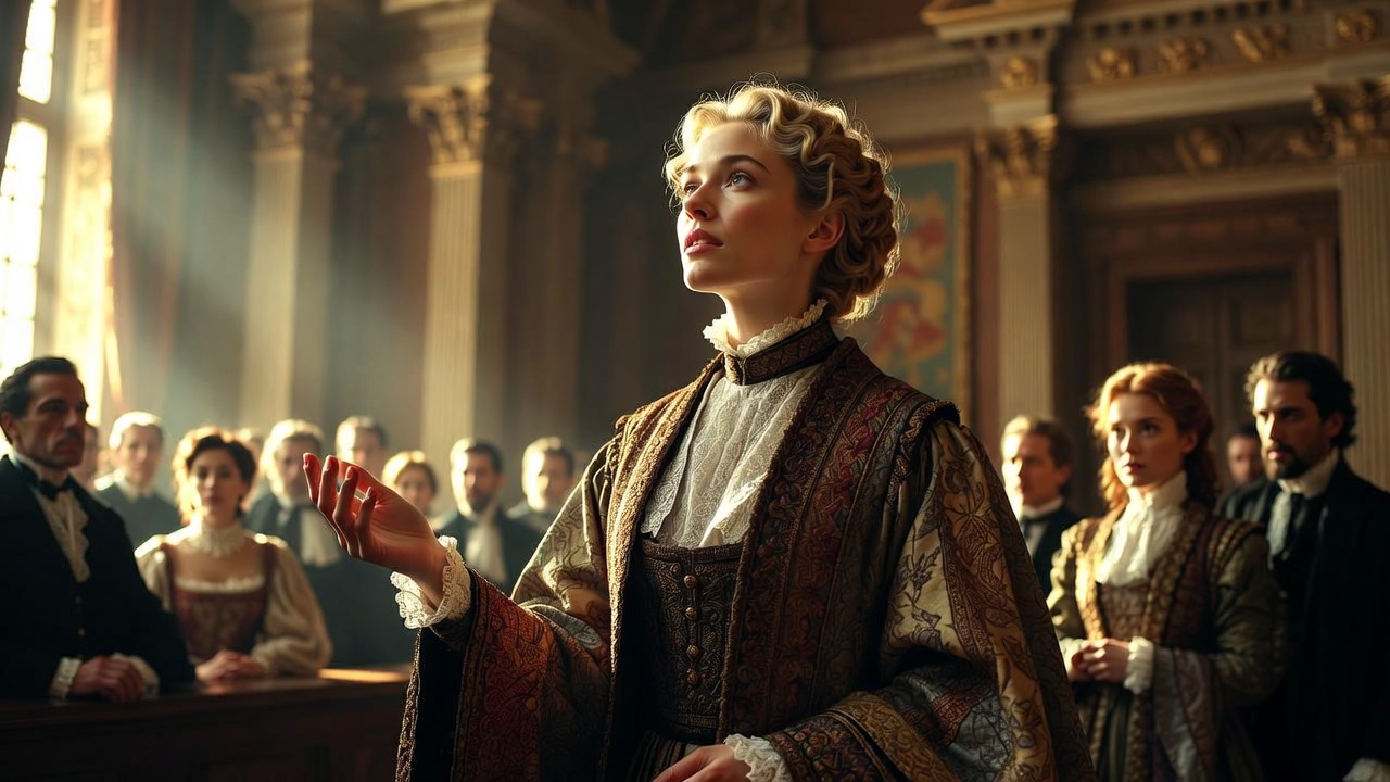 Portia delivering merciful quality of mercy speech in The Merchant of Venice courtroom