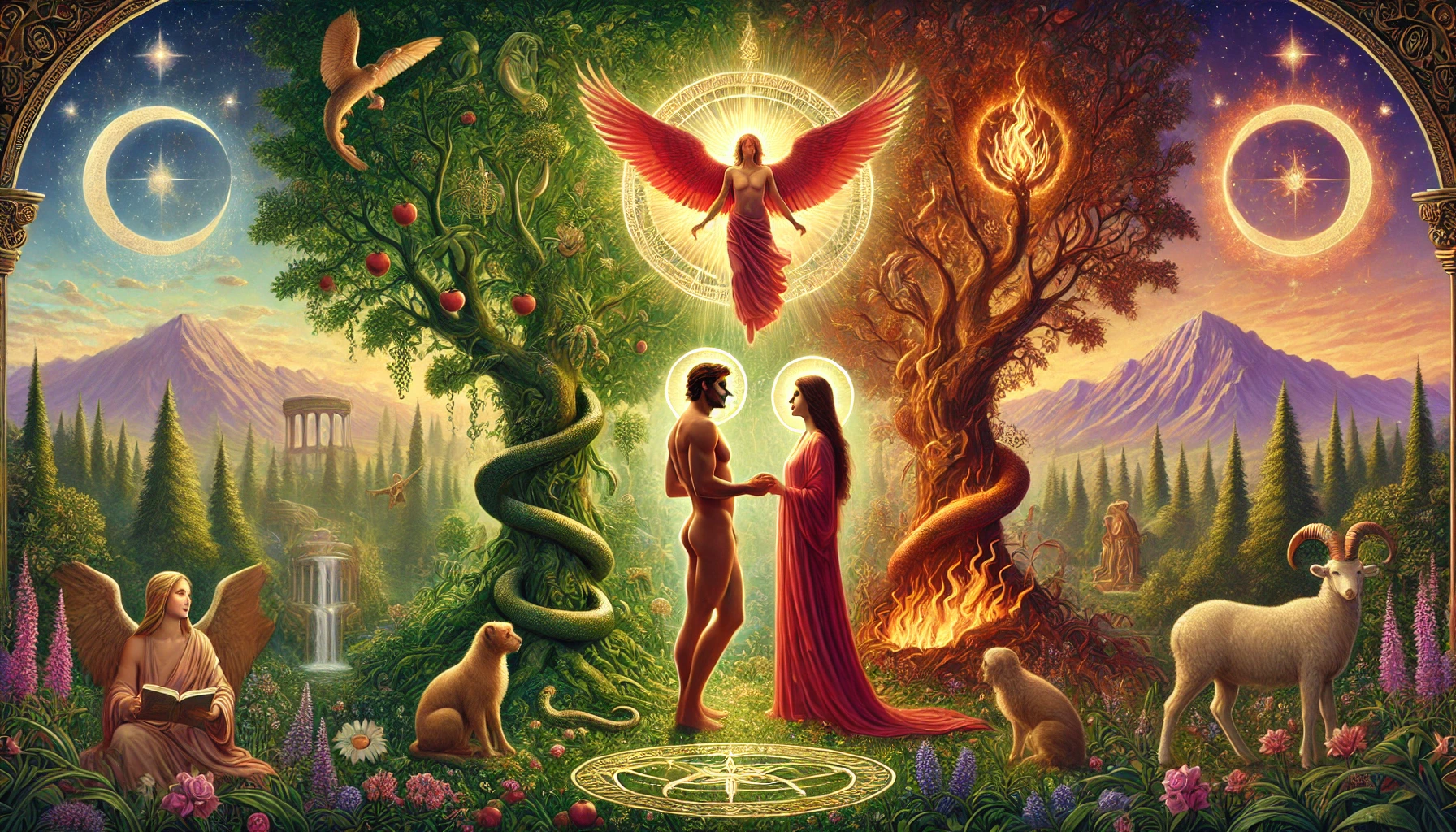 Rider-Waite-Smith The Lovers Tarot card showing Adam and Eve with blessing angel, symbolizing romantic union and choice