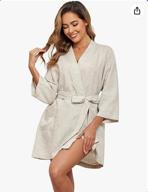 Womens 100% Linen Kimono Robes Soft Lightweight Short Bathrobe Sleepwear Pajamas Nightgowns Loungewear with Pockets
