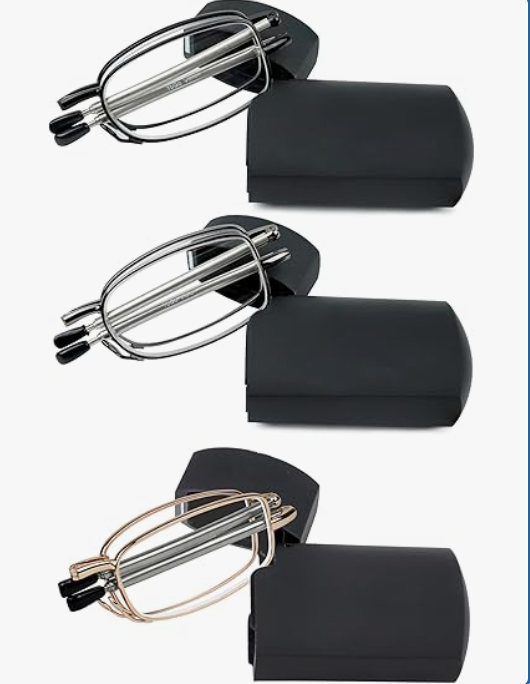 Success Eyewear Reading Glasses 2 Pair Black and Gunmetal Readers Compact Folding Unisex Glasses for Reading Case Included
