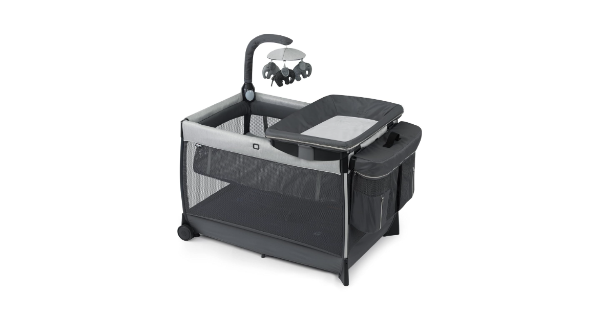 Chicco Lullaby Zip All-in-One Portable Playard, Infant Bassinet and Changer, Electronic Toy Bar, Toddler Playard, Travel Friendly | Driftwood/Grey