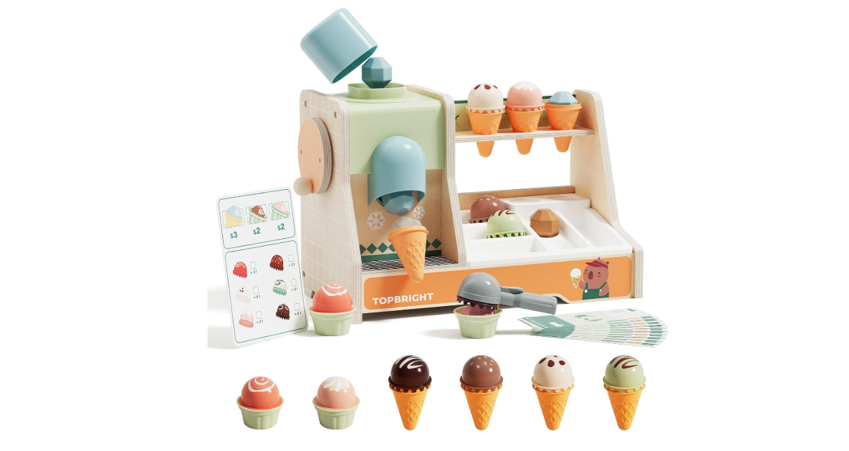TOP BRIGHT Wooden Ice Cream Pretend Play Toys, Play Kitchen Set for Kids with Ice Cream Counter & Scoop & Menu, Montessori Toys for Boys Girls...
