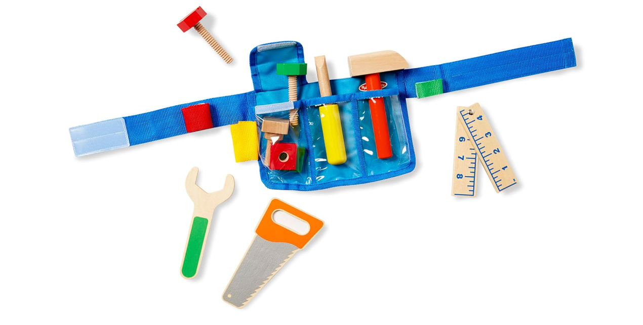 Melissa & Doug Deluxe Tool Belt Set - 5 Wooden Tools, 8 Building Pieces, Adjustable Belt
