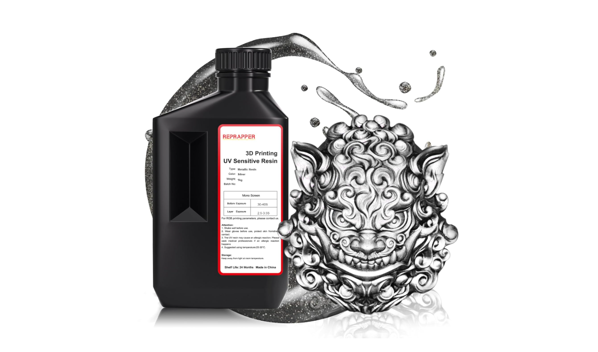 RepRapper Silver MetalShift 3D Printer Resin 405nm Fast UV-Curing Standard Photopolymer 3D Printing Resin with Metallic Shine for LCD Printer, Argent Aura 1000g
