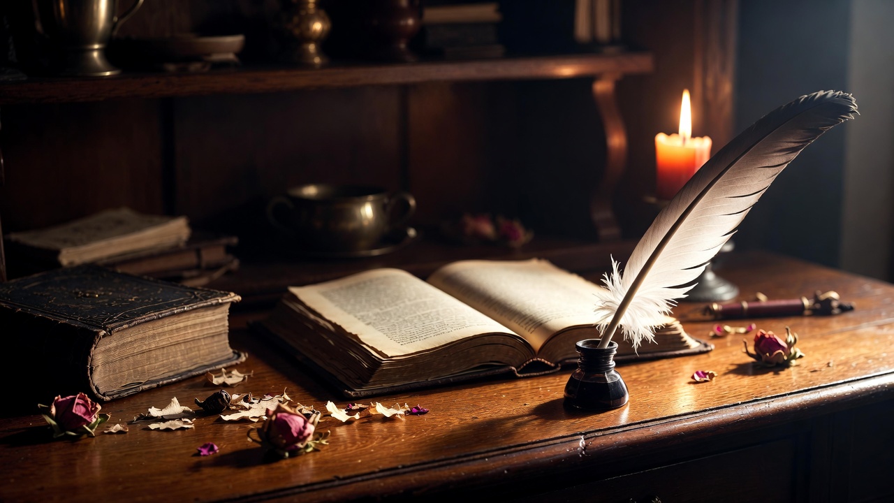 Antique quill and open book in candlelight evoking Shakespeare's sonnets on love, loss, and letting go.