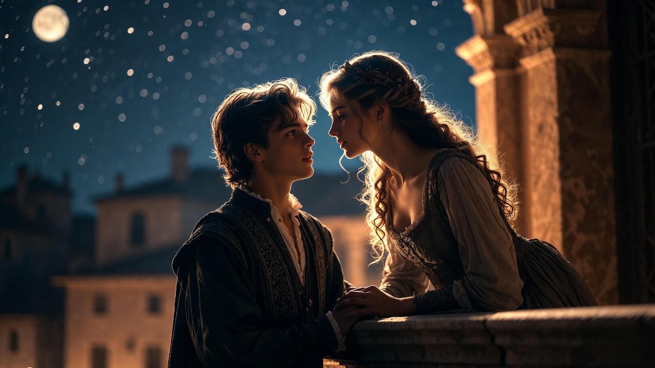 Romeo and Juliet on the balcony under moonlight, representing instant attraction and soulmate recognition in Shakespeare