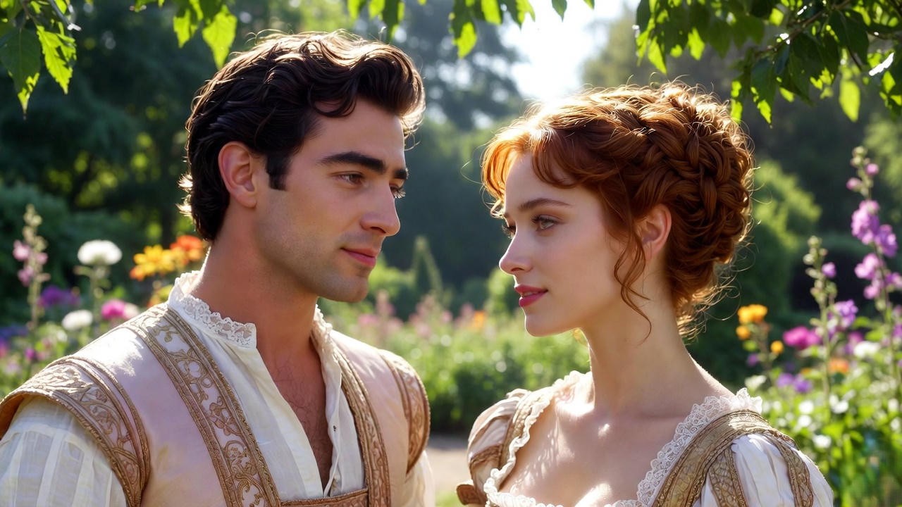 Beatrice and Benedick in playful banter in a garden, illustrating evolving harmony and values alignment in love