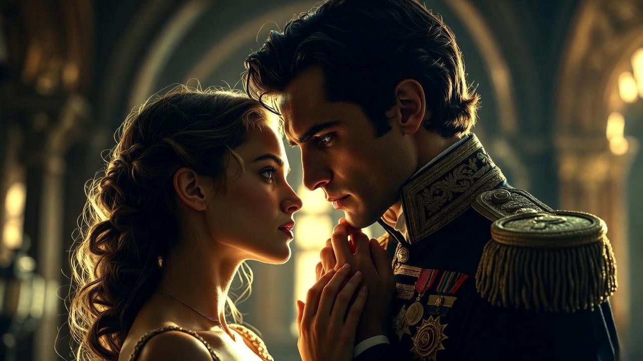 Othello and Desdemona in passionate embrace with emerging shadows, depicting reversed Lovers feelings of doubt and disharmony