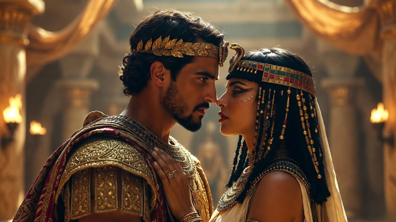 Antony and Cleopatra in passionate embrace, symbolizing overwhelming attraction overriding responsibility