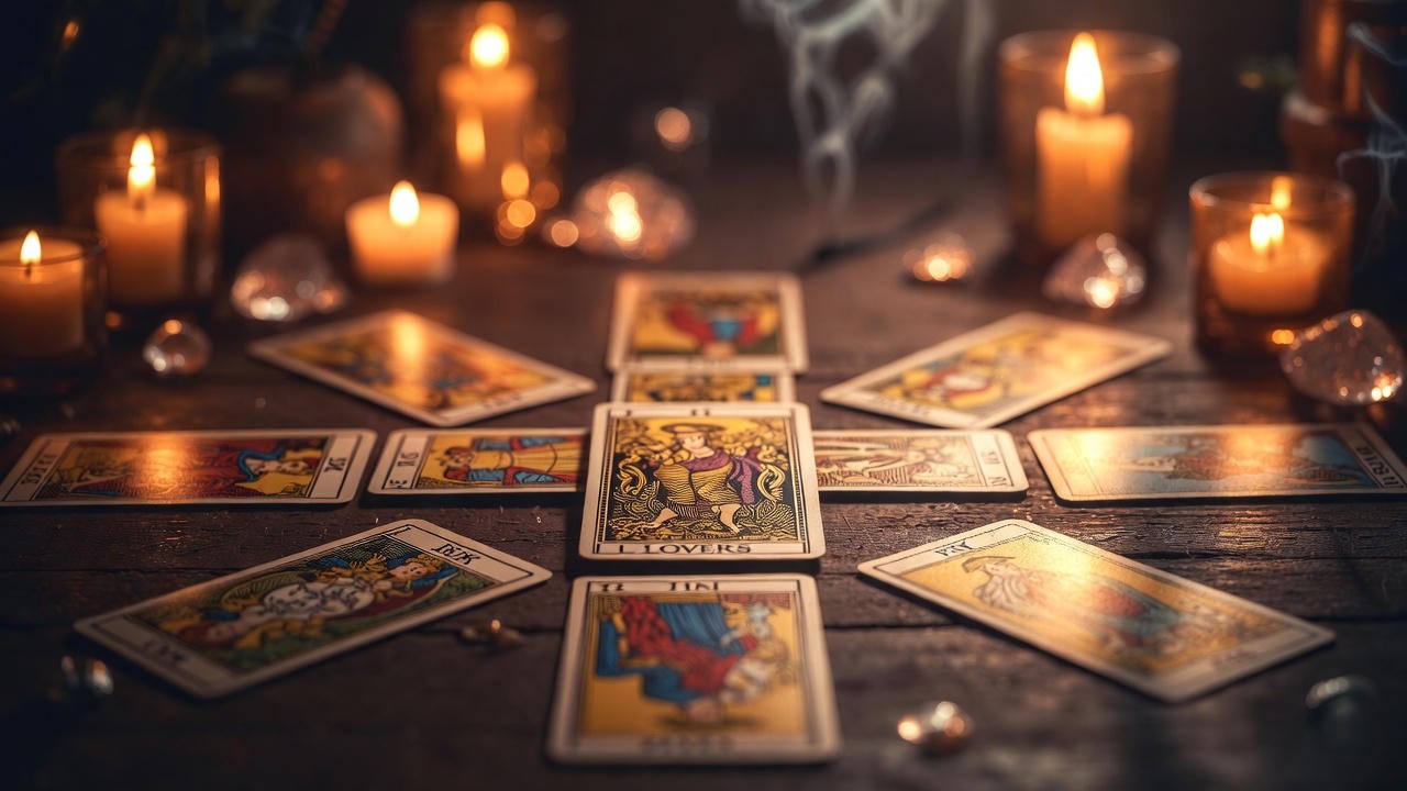 Modern Tarot spread featuring The Lovers card in a feelings reading, with surrounding cards for context