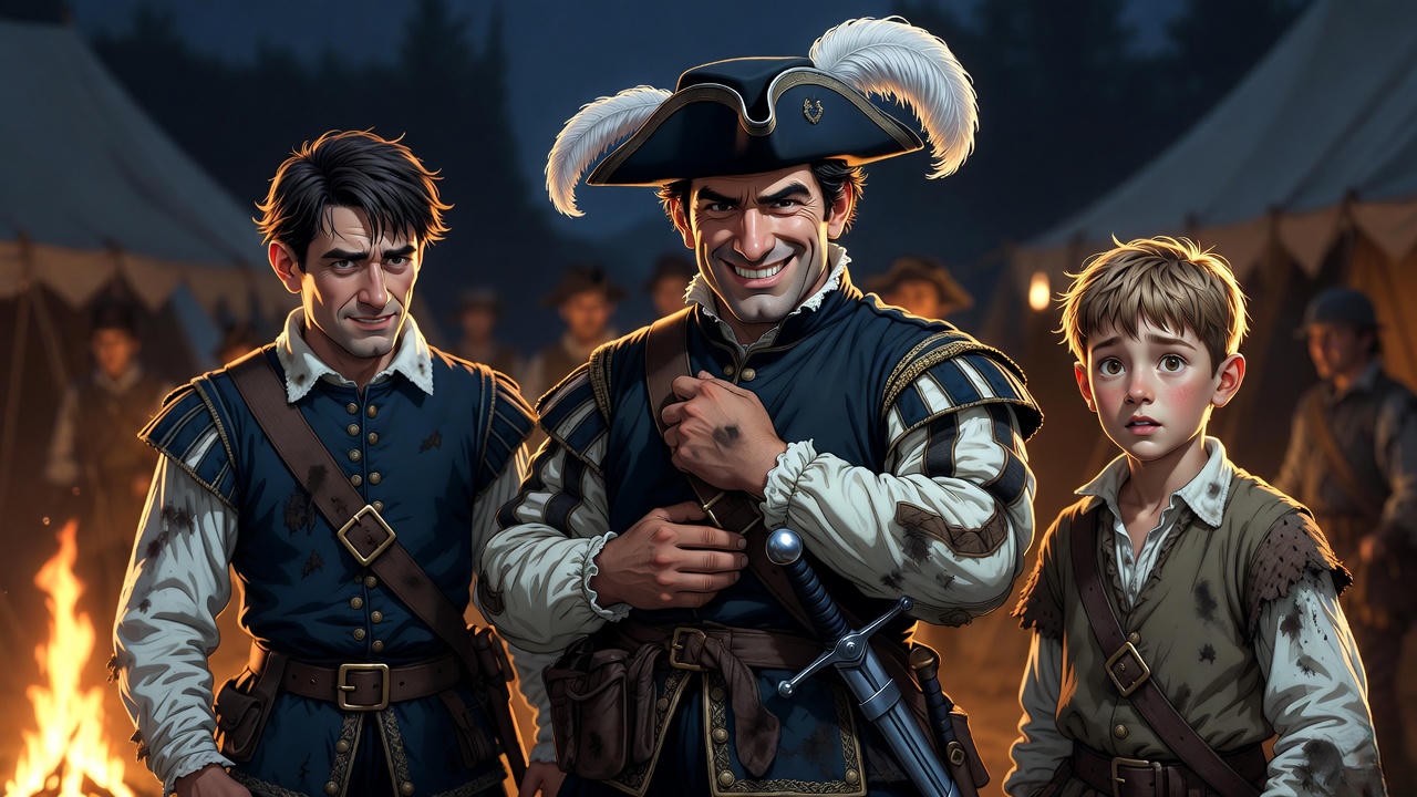 Pistol, Bardolph, Nym, and the Boy in camp from Shakespeare's Henry V