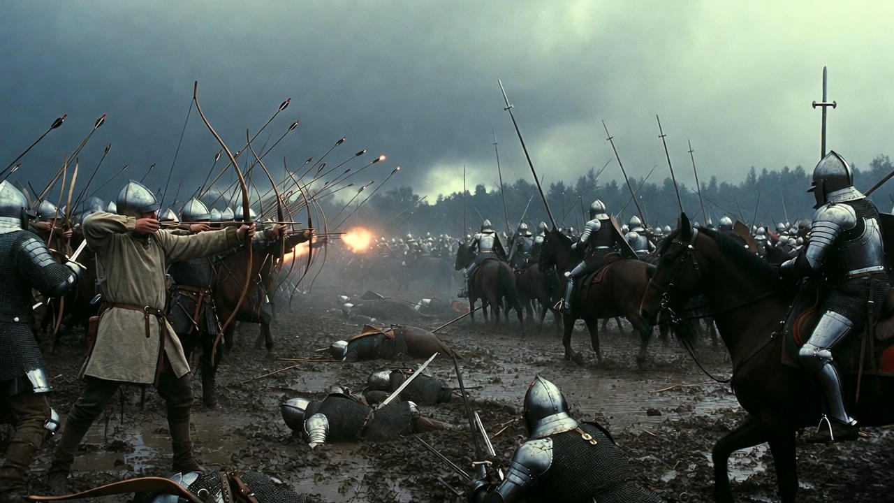 Battle of Agincourt 1415 muddy battlefield with English longbowmen and French knights