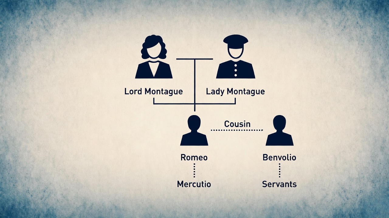 Montague family tree diagram from Romeo and Juliet showing core members and key alliances