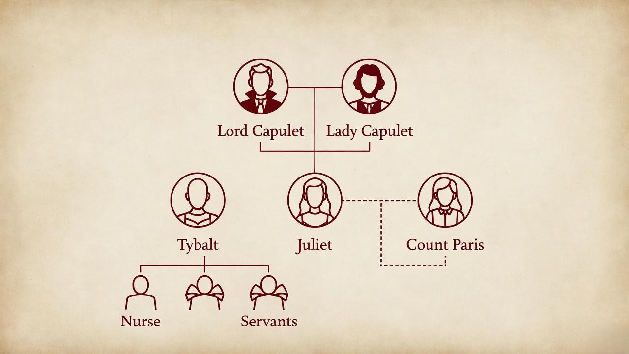 Capulet family tree diagram from Romeo and Juliet showing core members and key alliances