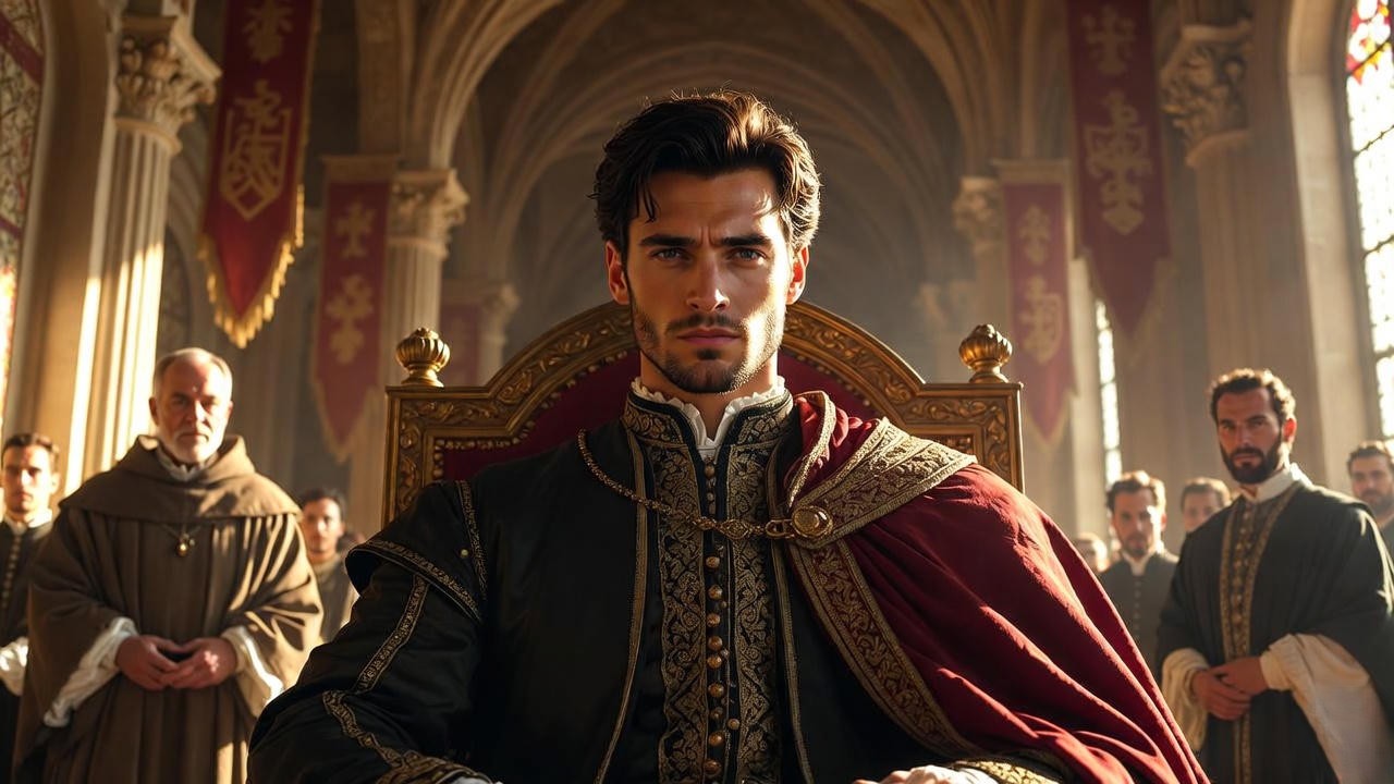 Prince Escalus on throne in Verona palace from Romeo and Juliet Shakespeare play