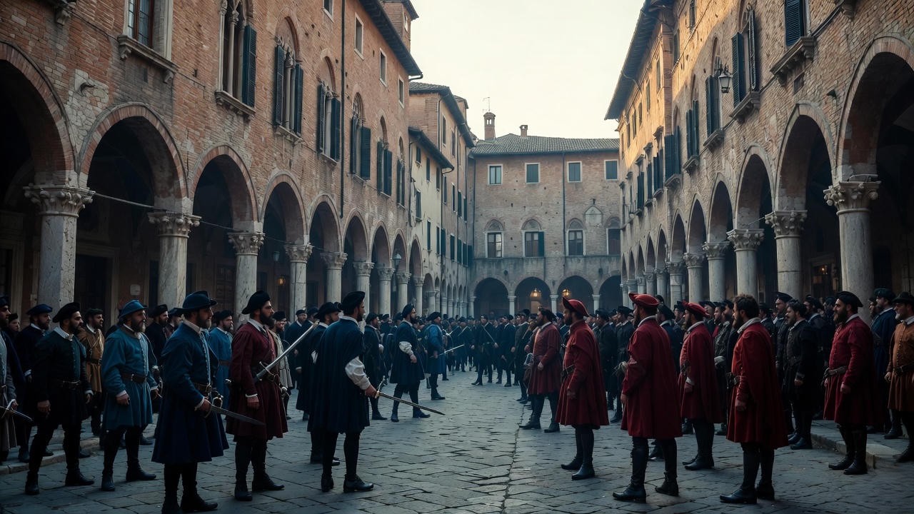 Dramatic depiction of Montague and Capulet feud in Renaissance Verona streets from Romeo and Juliet