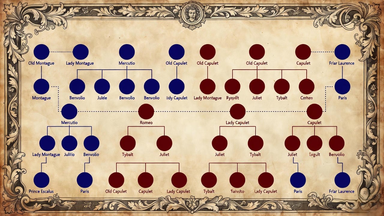Complete Romeo and Juliet character relationship map showing Montague Capulet families alliances and connections