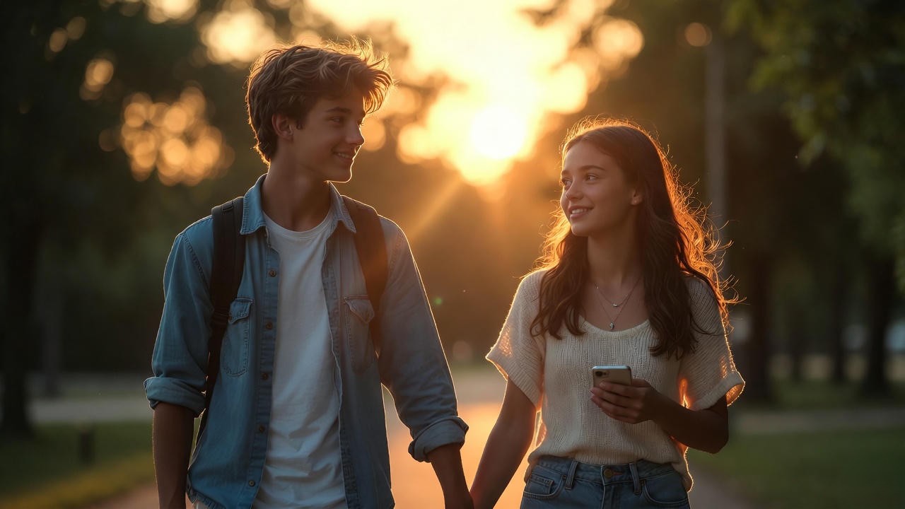 Teenage couple in park at sunset representing modern risks in close-in-age relationships under Georgia Romeo and Juliet law