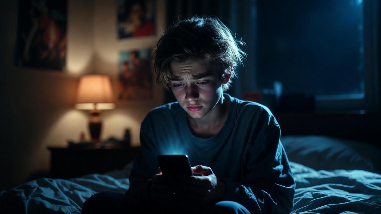 Teenager using smartphone at night symbolizing social media and sexting risks for Georgia parents