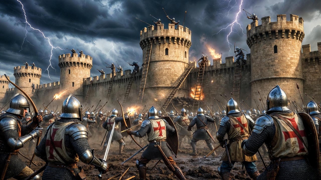 Medieval English soldiers storming the breach at the Siege of Harfleur in Shakespeare's Henry V